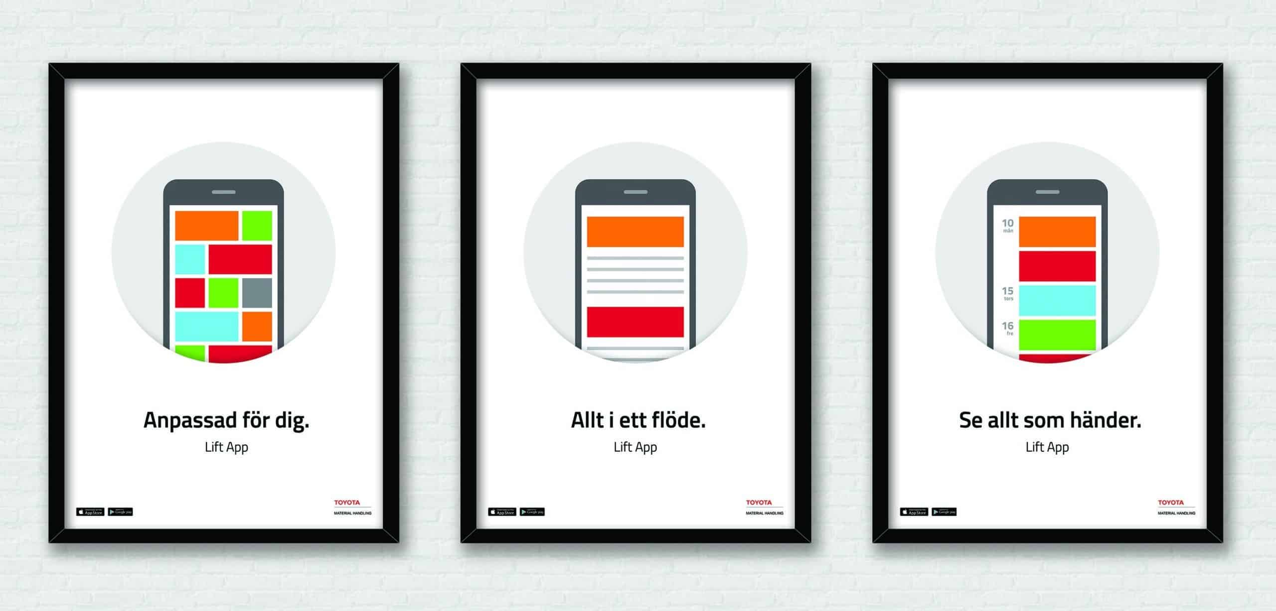 Posters som sattes upp i samband av lanseringen av appen LiftApp (Toyota Material Handling).